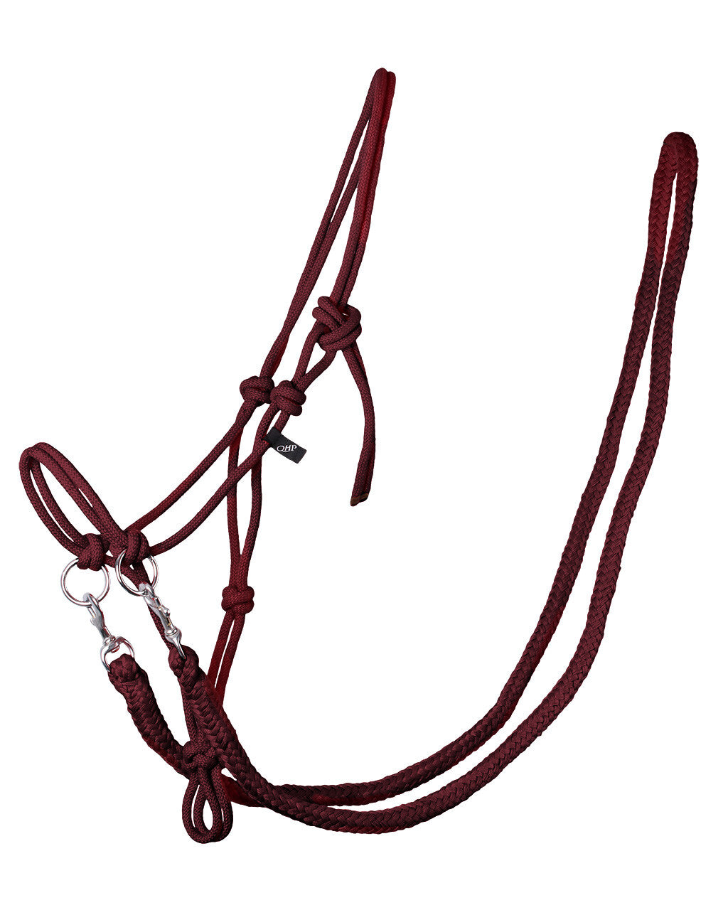 Burgundy rope halter with reins - pony-sized bitless bridle for children and young riders