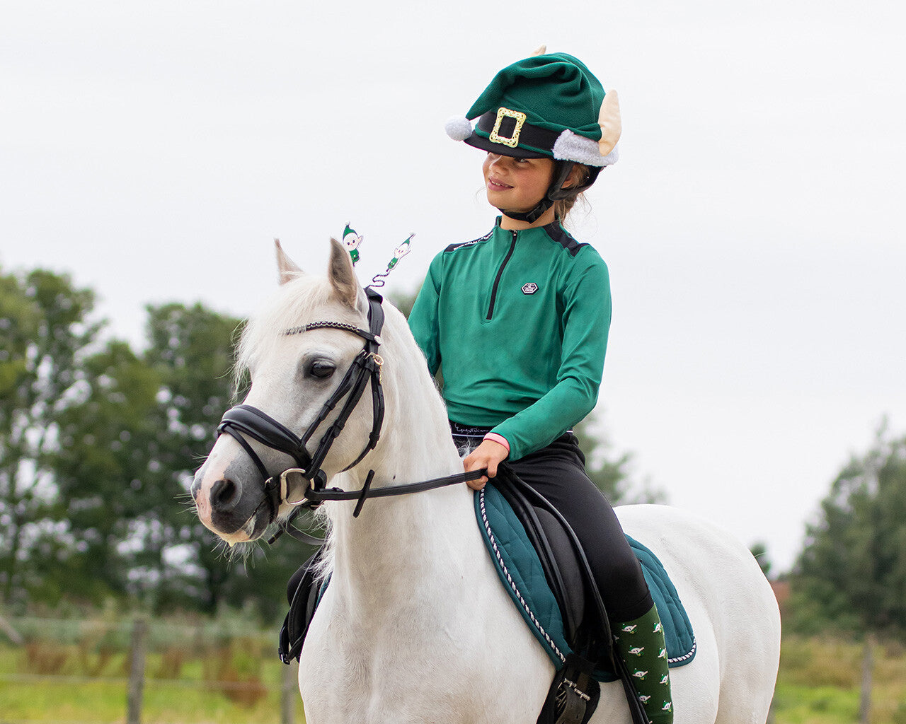 Child in green riding a white horse with inky dinky products